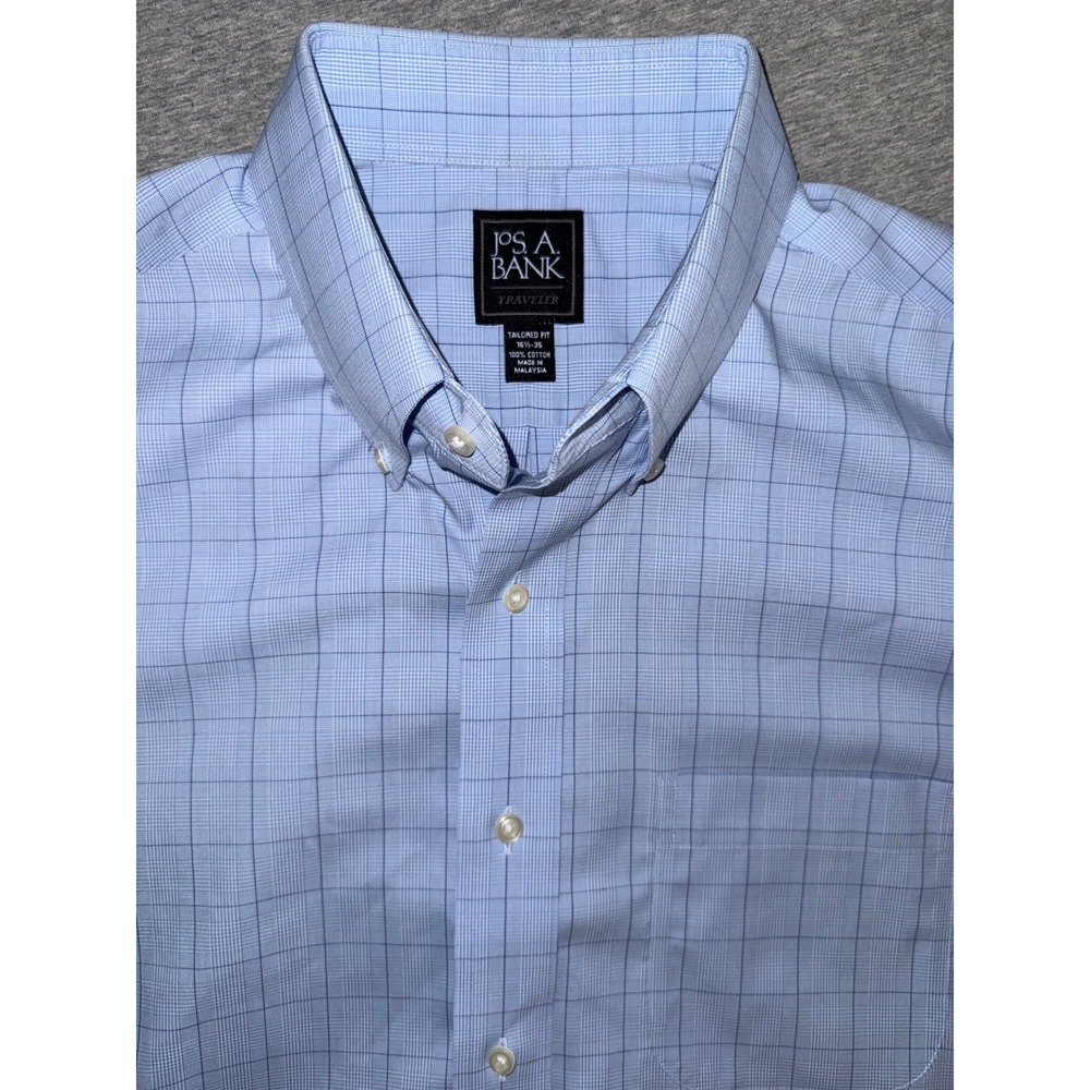 Jos A Bank Traveler Mens‎ Shirt 16.5 35 Tailored Fit Blue Check Business Meeting